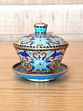 Vintage Chinese Cloisionne Lotus Flower Trinket Box